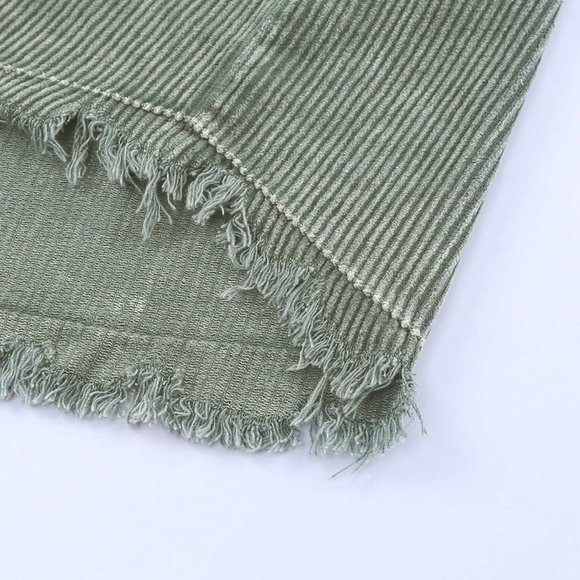 Green Casual Womens Pocket Drop Shoulder Raw Hem Drawstring Hooded Corduroy Coat - Picture 6 of 7